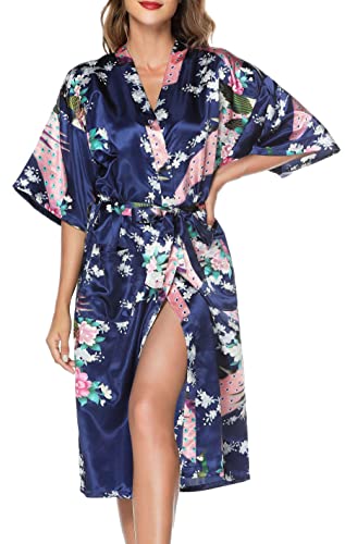 Lovasy Bademantel Damen Satin Japanisch Kimono Jacke Damen mit Gürtel Sexy Morgenmantel Leicht Pyjama für Hochzeit Braut Party,Dunkelblau,M von Lovasy