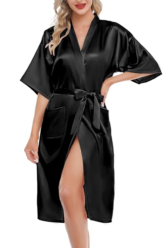 Lovasy Bademantel Damen Satin Japanisch Kimono Jacke Damen mit Gürtel Sexy Morgenmantel Leicht Pyjama für Hochzeit Braut Party,Schwarz,M von Lovasy