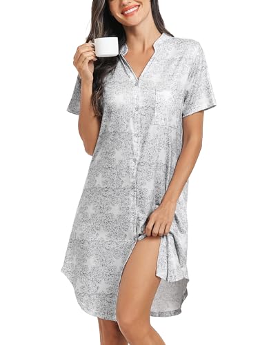 Lovasy Kurzarm Nachthemd mit Knöpfen Damen Stillnachthemd V-Ausschinitt Druck Sleepshirt Sommer Pyjama Schlafshirt mit Taschen,Hellgrau-Sterne,L von Lovasy