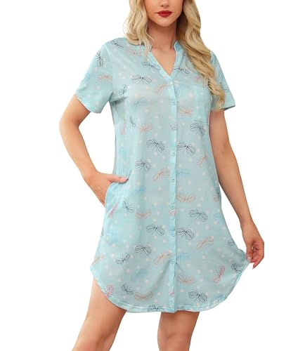 Lovasy Kurzarm Nachthemd mit Knöpfen Damen Stillnachthemd V-Ausschinitt Druck Sleepshirt Sommer Pyjama Schlafshirt mit Taschen,Polka Dot Schmetterling,L von Lovasy