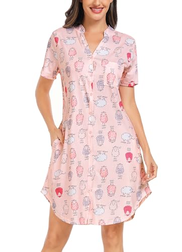 Lovasy Kurzarm Nachthemd mit Knöpfen Damen Stillnachthemd V-Ausschinitt Druck Sleepshirt Sommer Pyjama Schlafshirt mit Taschen,Rosa-Lamm,M von Lovasy