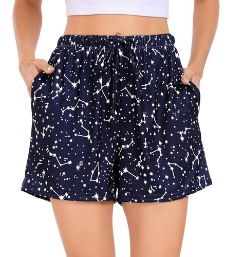 Lovasy Kurze Schlafhose Damen Sommer Pyjamahose Kurz Schlafanzughosen für Damen Streifen Pyjama Shorts Damen mit Taschen,Marineblau Sternennacht,M von Lovasy