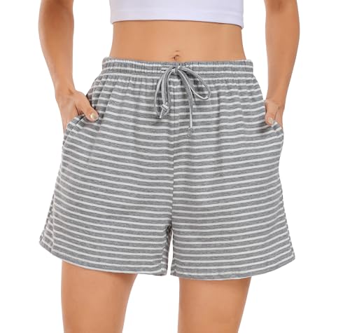 Lovasy Kurze Schlafhose Damen Streifen Pyjama Shorts Damen Sommer Schlafanzughosen für Damen Kurz Pyjamahose mit Taschen und Kordelzug,Grau Gestreift,L von Lovasy