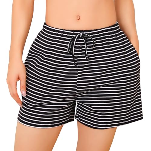 Lovasy Kurze Schlafhose Damen Sommer Pyjamahose Kurz Schlafanzughosen für Damen Streifen Pyjama Shorts Damen mit Taschen,Schwarzer Streifen,L von Lovasy