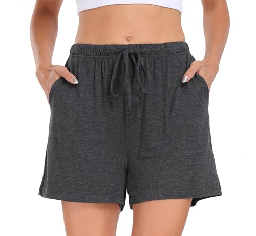 Lovasy Schlafshorts Damen Kurz Pyjama Shorts Damen Sommer Schlafhose Freizeitshorts Weich Bequem mit Taschen und Kordelzug,Dunkelgrau,L von Lovasy