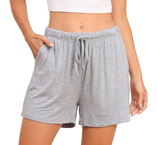 Lovasy Schlafshorts Damen Kurz Pyjama Shorts Damen Sommer Schlafhose Freizeitshorts Weich Bequem mit Taschen und Kordelzug,Grau,M von Lovasy