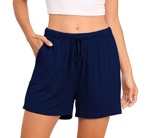 Lovasy Schlafshorts Damen Kurz Pyjama Shorts Damen Sommer Schlafhose Freizeitshorts Weich Bequem mit Taschen und Kordelzug,Marineblau,M von Lovasy