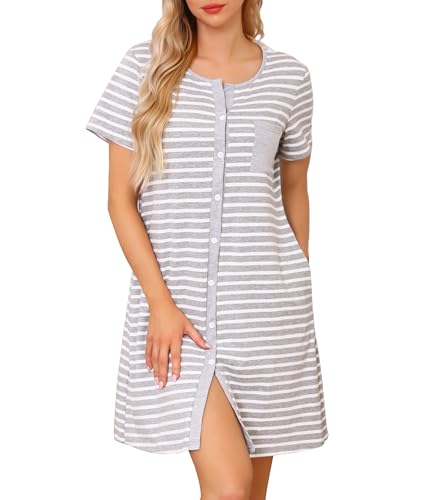 Lovasy Nachthemd Damen Baumwolle Kurzarm Schlafshirt mit durchgehende Knopfleiste Gestreift Nachtkleid Schlafhemd mit Taschen,Grau Streifen,M von Lovasy