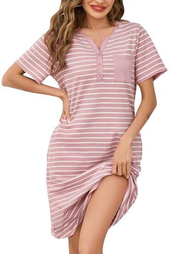 Lovasy Nachthemd Damen Baumwolle Kurzarm V Ausschnitt Gestreift Nachthemd mit Knöpfen Damen Sommer Nachtkleid Schlafshirt mit Taschen,Rosa,M Lovasy Nachthemd Damen Baumwolle Kurzarm V Ausschnitt Gestreift Nachthemd mit Knöpfen Damen Sommer Nachtkleid Schlafshirt mit Taschen,Rosa,M von Lovasy