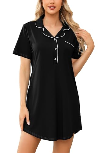 Lovasy Nachthemd Damen Kurzarm Baumwolle Pyjama mit Knopfleiste Sommer Schlafshirt Nachtkleid Loungwear mit Taschen,Schwarz,XXL von Lovasy