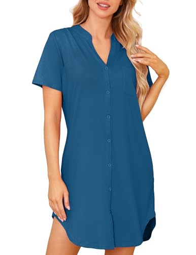 Lovasy Nachthemd Damen Kurzarm Baumwolle Schlafshirt mit Durchgehende Knopfleiste Big Shirt Damen Nachthemd Stillen Geburtshemd mit Taschen,Kobaltblau,M von Lovasy