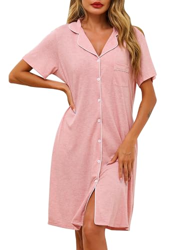 Lovasy Nachthemd Damen Kurzarm Baumwolle Schlafshirt mit Knöpfen Sommer Nachtkleid Sleepshirts mit Taschen,Rosa,XL Lovasy Nachthemd Damen Kurzarm Baumwolle Schlafshirt mit Knöpfen Sommer Nachtkleid Sleepshirts mit Taschen,Rosa,XL von Lovasy