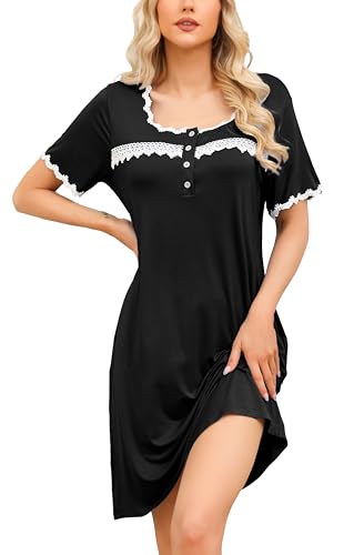 Lovasy Nachthemd Damen Kurzarm Nachtkleid mit Knopfleiste Spitze Blumendruck Pyjama Loungwear mit Taschen,Schwarz,XXL von Lovasy