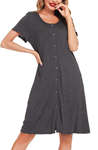 Lovasy Still Nachthemd Damen Kurzarm Schlafshirt mit Knöpfen Nursing Nachthemd Schwangerschaft Geburt Nachtkleid Nachtwäsche,Dunkelgrau,M von Lovasy