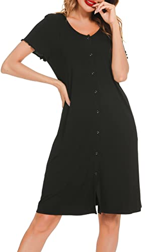 Lovasy Still Nachthemd Damen Kurzarm Schlafshirt mit Knöpfen Nursing Nachthemd Schwangerschaft Geburt Pyjama Nachtwäsche, Schwarz,XL von Lovasy