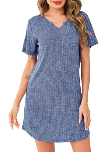 Lovasy Nachthemd Damen Kurzarm Schlafshirt Geripptes Gestrick V-Ausschnitt Sexy Sommer Nachthemden für Damen Kurz Nachtkleid,Blau,XL Lovasy Nachthemd Damen Kurzarm Schlafshirt Geripptes Gestrick V-Ausschnitt Sexy Sommer Nachthemden für Damen Kurz Nachtkleid,Blau,XL von Lovasy