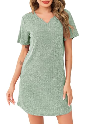 Lovasy Nachthemd Damen Kurzarm Schlafshirt Geripptes Gestrick V-Ausschnitt Sexy Sommer Nachthemden für Damen Kurz Nachtkleid,Hellgrün,XXL Lovasy Nachthemd Damen Kurzarm Schlafshirt Geripptes Gestrick V-Ausschnitt Sexy Sommer Nachthemden für Damen Kurz Nachtkleid,Hellgrün,XXL von Lovasy