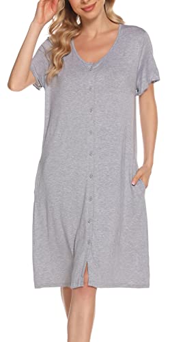 Lovasy Still Nachthemd Damen Kurzarm Schlafshirt mit Knöpfen Nursing Nachthemd Schwangerschaft Geburt Pyjama Nachtwäsche, Hellgrau, L von Lovasy