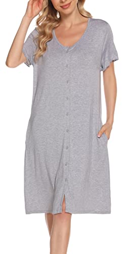Lovasy Still Nachthemd Damen Kurzarm Schlafshirt mit Knöpfen Nursing Nachthemd Schwangerschaft Geburt Pyjama Nachtwäsche, Hellgrau, M von Lovasy
