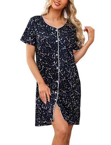 Lovasy Still Nachthemd mit Knöpfen Damen Kurzarm Schlafshirt V-Ausschnitt Schlafhemd Weich Sommer Pyjama Kurz Sleepshirt,Marineblau,L von Lovasy