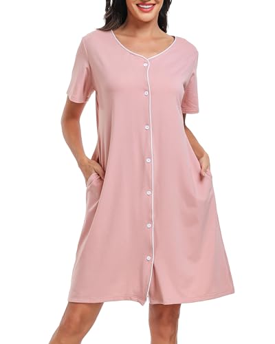 Lovasy Still Nachthemd mit Knöpfen Damen Kurzarm Schlafshirt V-Ausschnitt Schlafhemd Weich Sommer Pyjama Kurz Sleepshirt,Rosa,M von Lovasy