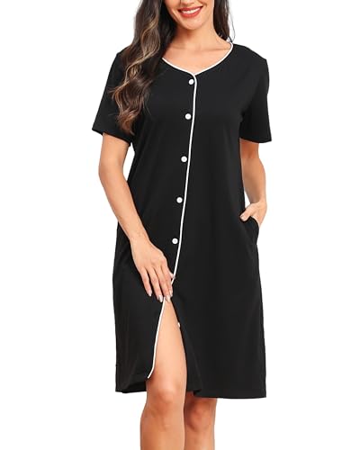 Lovasy Still Nachthemd mit Knöpfen Damen Kurzarm Schlafshirt V-Ausschnitt Schlafhemd Weich Sommer Pyjama Kurz Sleepshirt,Schwarz,L von Lovasy