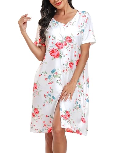 Lovasy Still Nachthemd mit Knöpfen Damen Kurzarm Schlafshirt V-Ausschnitt Schlafhemd Weich Sommer Pyjama Kurz Sleepshirt,Weiß-Blume,XL von Lovasy