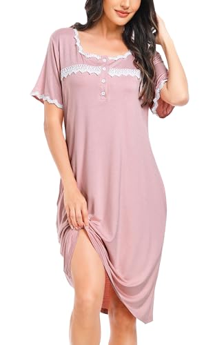 Lovasy Nachthemd Damen Kurzarm Nachtkleid mit Knopfleiste Spitze Blumendruck Pyjama Loungwear mit Taschen,Rosa,XL von Lovasy