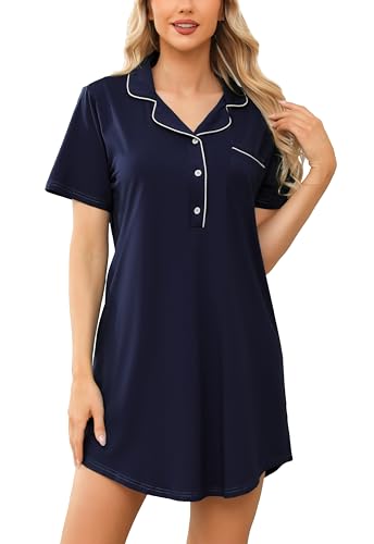 Lovasy Nachthemd Damen Baumwolle Kurzarm Schlafshirt mit Knopfleiste Nachtkleid Loungwear Sommer Pyjama mit Taschen,Marineblau,L von Lovasy