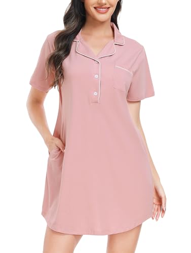 Lovasy Nachthemd Damen Kurzarm Baumwolle Pyjama mit Knopfleiste Sommer Schlafshirt Nachtkleid Loungwear mit Taschen,Rosa,S von Lovasy