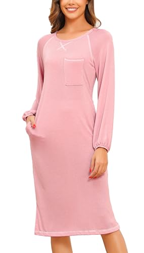 Lovasy Nachthemd Damen Langarm Baumwolle Winter Pyjama Lang Schlafshirt Schlitz Laternenärmel Stillnachthemd Weich Nachtwäsche mit Taschen,Rosa,M von Lovasy