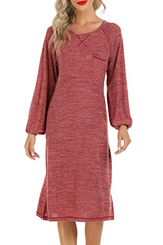 Lovasy Nachthemd Damen Langarm Baumwolle Winter Pyjama Lang Schlafshirt Schlitz Laternenärmel Stillnachthemd Weich Nachtwäsche mit Taschen,Rot,S von Lovasy