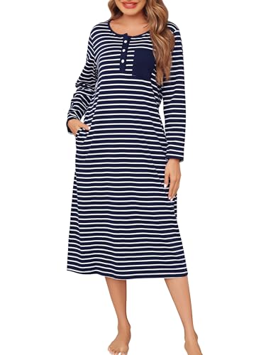 Lovasy Nachthemd Damen Langarm Lang Baumwolle Schlafshirt Streifen Winter Nachthemden für Damen mit Knopfleiste und Zwei Taschen,Marineblau,XXL von Lovasy