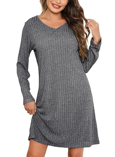 Lovasy Nachthemd Damen Langarm Schlafshirt V-Ausschnitt Rippenstrick Nachtkleid Kurz Loungewear Weich Nachtwäsche,Dunkelgrau,XXL von Lovasy