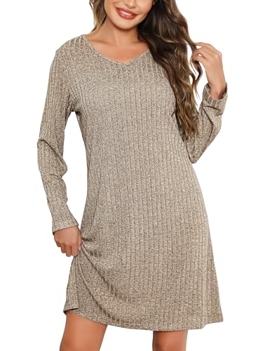 Lovasy Nachthemd Damen Langarm Schlafshirt V-Ausschnitt Rippenstrick Nachtkleid Kurz Loungewear Weich Nachtwäsche,Khaki,XXL von Lovasy