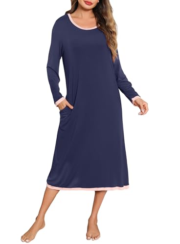Lovasy Nachthemd Damen Langarm Schlafshirt Weich Rundhals Nachtkleid Lang Loungewear mit Taschen,Marineblau,S von Lovasy