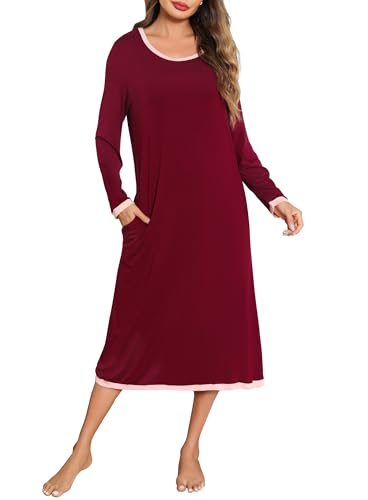 Lovasy Nachthemd Damen Langarm Schlafshirt Weich Rundhals Nachtkleid Lang Loungewear mit Taschen,Weinrot,S von Lovasy