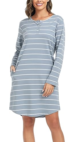 Lovasy Nachthemd Damen Langarm Schlafshirt mit Knopfleiste Gestreift Stillnachthemd Geburt Pyjama Zwei Taschen, Blau, M von Lovasy