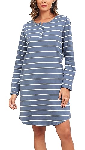 Lovasy Nachthemd Damen Baumwolle Langarm Schlafshirt Streifen Nachthemden für Damen mit Knopfleiste Zwei Taschen, Himmelblau, L von Lovasy