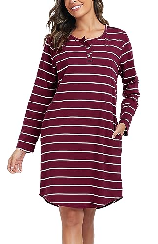 Lovasy Nachthemd Damen Langarm Schlafshirt mit Knopfleiste Gestreift Stillnachthemd Geburt Pyjama Zwei Taschen,Weinrot, L von Lovasy