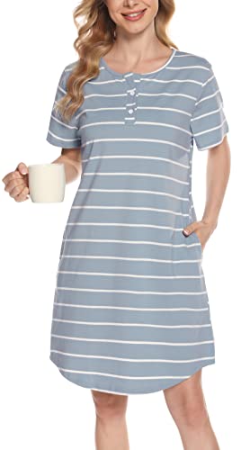 Lovasy Nachthemd Damen Baumwolle Kurzarm Schlafshirt Streifen Nachthemden für Damen mit Knopfleiste Zwei Taschen, Blau, M von Lovasy