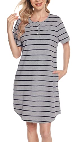Lovasy Nachthemd Damen Kurzarm Schlafshirt mit Knöpfen Streifen Stillnachthemd Geburt Pyjama Zwei Taschen, Grau, XL von Lovasy