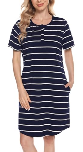 Lovasy Nachthemd Damen Kurzarm Schlafshirt mit Knöpfen Streifen Stillnachthemd Geburt Pyjama Zwei Taschen, Marineblau, L von Lovasy