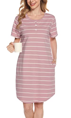 Lovasy Nachthemd Damen Baumwolle Kurzarm Schlafshirt Streifen Nachthemden für Damen mit Knopfleiste Zwei Taschen, Rosa, XXL von Lovasy