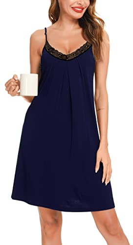 Lovasy Damen Nachthemd Spaghettiträger Ärmellos Chemise Träger Nachtkleid Sexy Lose Spitze Babydoll Damen Negligee,Marineblau,L von Lovasy