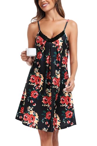 Lovasy Damen Nachthemd Spaghettiträger Ärmellos Chemise Träger Nachtkleid Sexy Lose Spitze Babydoll Damen Negligee，Schwarze Blumen，XXL von Lovasy