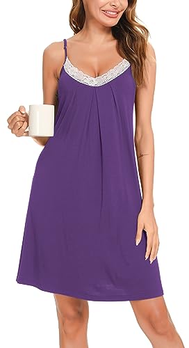 Lovasy Damen Nachthemd Spaghettiträger Ärmellos Chemise Träger Nachtkleid Sexy Lose Spitze Babydoll Damen Negligee,Violet,XL von Lovasy