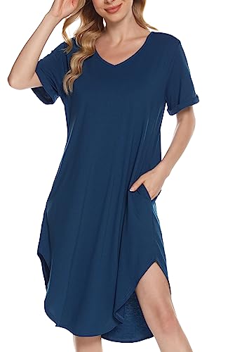 Lovasy Nachthemd Damen Kurzarm Schlafshirt Baumwolle Kurz Pyjama mit Taschen V-Ausschnitt Stillnachthemd Geburt Nachtkleid,Kobaltblau,S von Lovasy