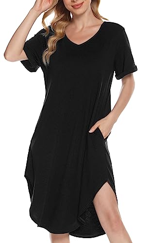 Lovasy Nachthemd Damen Kurzarm Schlafshirt Baumwolle Kurz Pyjama mit Taschen V-Ausschnitt Stillnachthemd Geburt Nachtkleid,Schwarz,XL von Lovasy