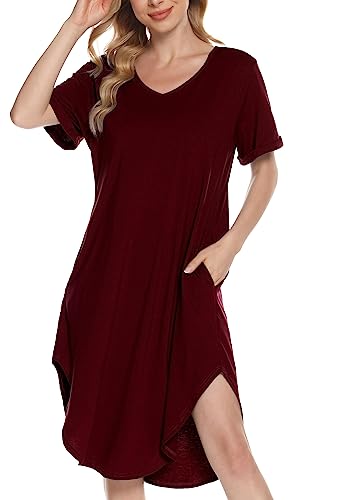 Lovasy Nachthemd Damen Kurzarm Schlafshirt Baumwolle Kurz Pyjama mit Taschen V-Ausschnitt Stillnachthemd Geburt Nachtkleid,Weinrot,XL von Lovasy